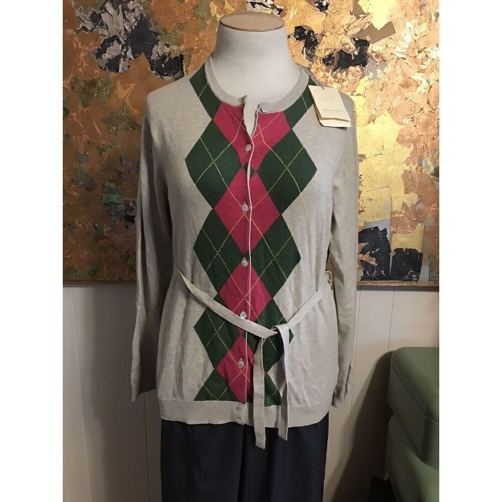 Greg Norman Women Collection Large Cotton Argyle Sweater Button Front NWT